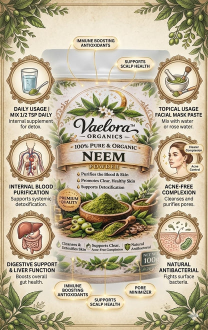 Vaelora Organics Neem Powder 100g | 100% Pure & Organic Neem Leaf Powder | For Skin, Hair & Face Pack | Acne Control, Dandruff Care & Detox | Natural Antibacterial Herbal Powder