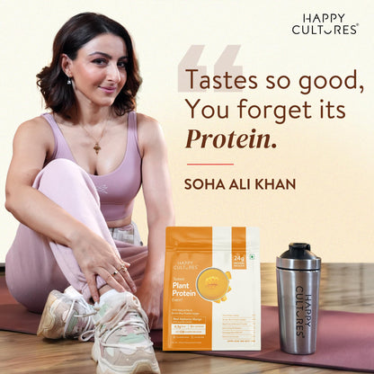 Happy Cultures 24g Tastiest Plant Protein| Real Alphonso Mango, Almond Chunks & Ashwagandha (KSM 66) |Pea & Brown Rice Protein Isolate| No Added Sugar| Vegan| 20 Complete Amino Acids | Monk Fruit Extract| Women & Men| No Bloating, Easy to Digest| Dairy Fr