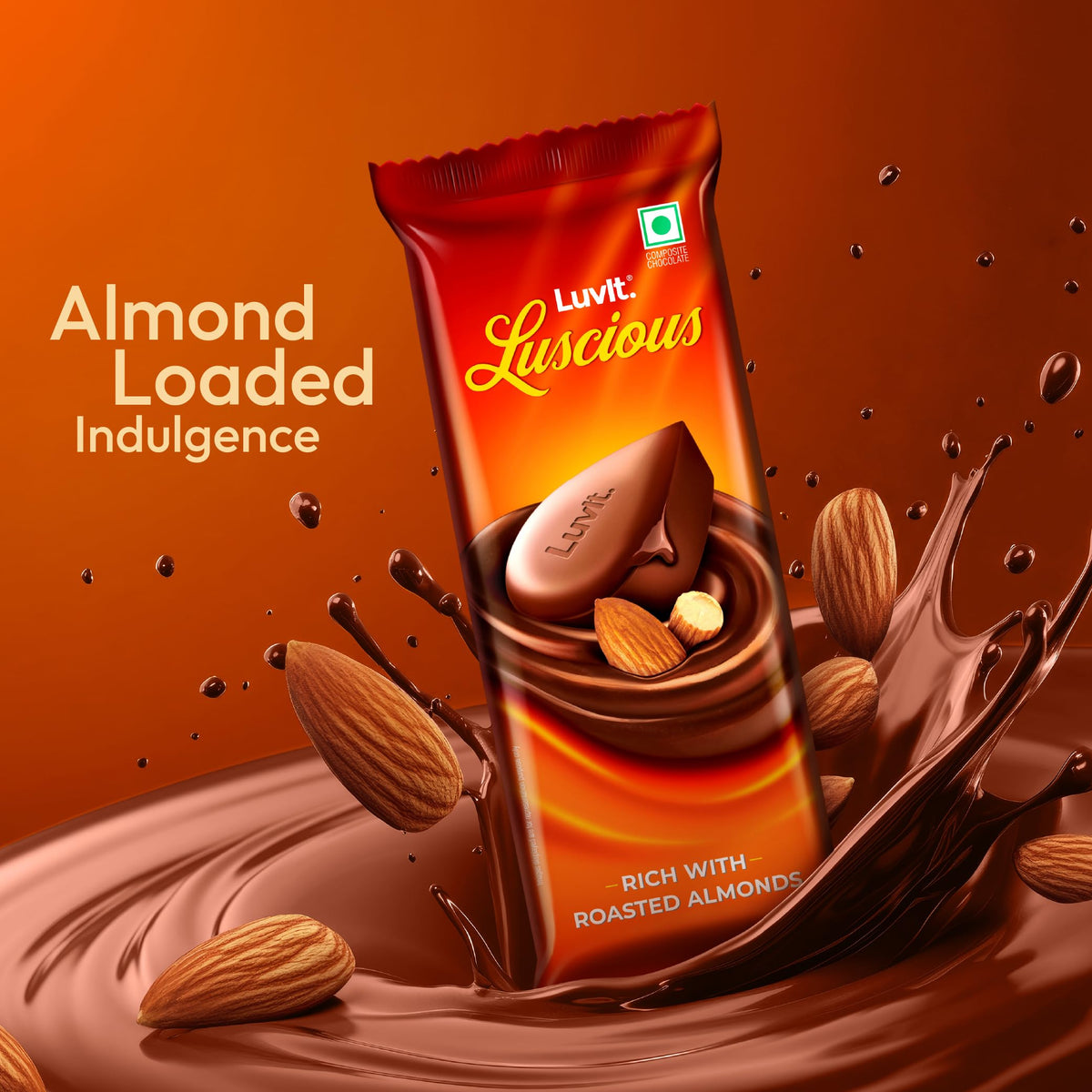 LuvIt Luscious Roasted Almonds Chocolate Bars | Multipack | Deliciously Smooth | Pack of 15-52gm Each