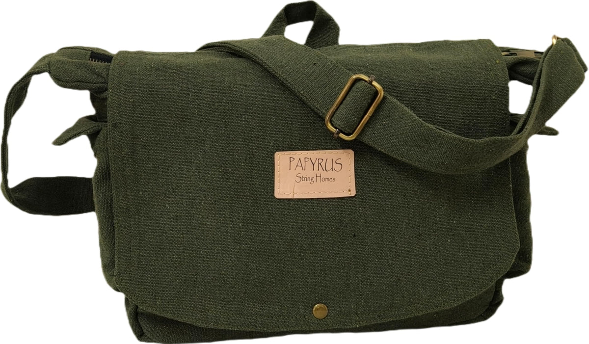 PAPYRUS String Homes Unisex PAPYRUS Handmade Messenger Bag/Pure Cotton Canvas/Brass Zipper/Antique Color Metal Fittings/Washable/Longlasting (OLIVE GREEN, MEDIUM LARGE)