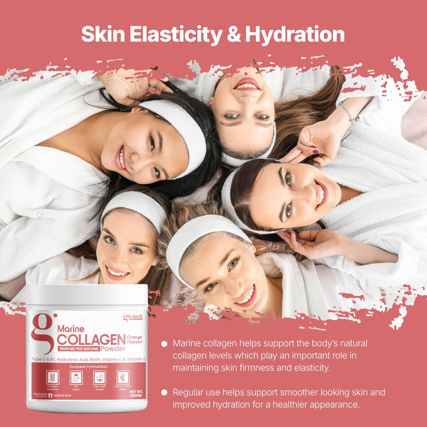 GLIMLACH Marine Collagen Supplements for Women & Men, 200g | Hydrolyzed Collagen Powder and Amino Acids | Supports Healthy Skin, Hair, Nails, Bone & Joint | Orange Flavour