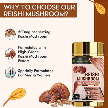 Vitaminnica Reishi Mushroom 60 Vegan Capsules Nootropics | Improves Sleep & Relaxation (500mg)