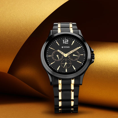 Titan Black and Gold Black Dial Quartz Multifunction Stainless Steel St- image 6