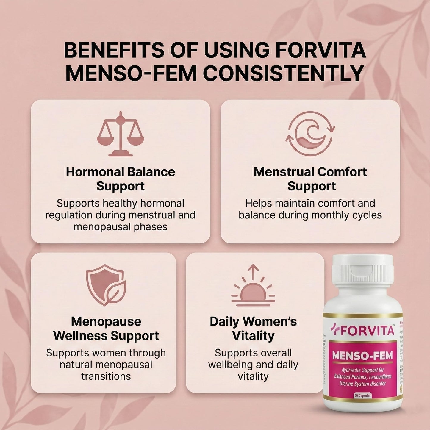 FORVITA Menso-Fem Ayurvedic Women's Wellness Capsules| Hormonal Balance Support for Women | Menstrual Cycle & PMS Support with Ashoka & Shatavari | 10:1 Herbal Extract | Menopause & Perimenopause Wellness| 60 Capsule