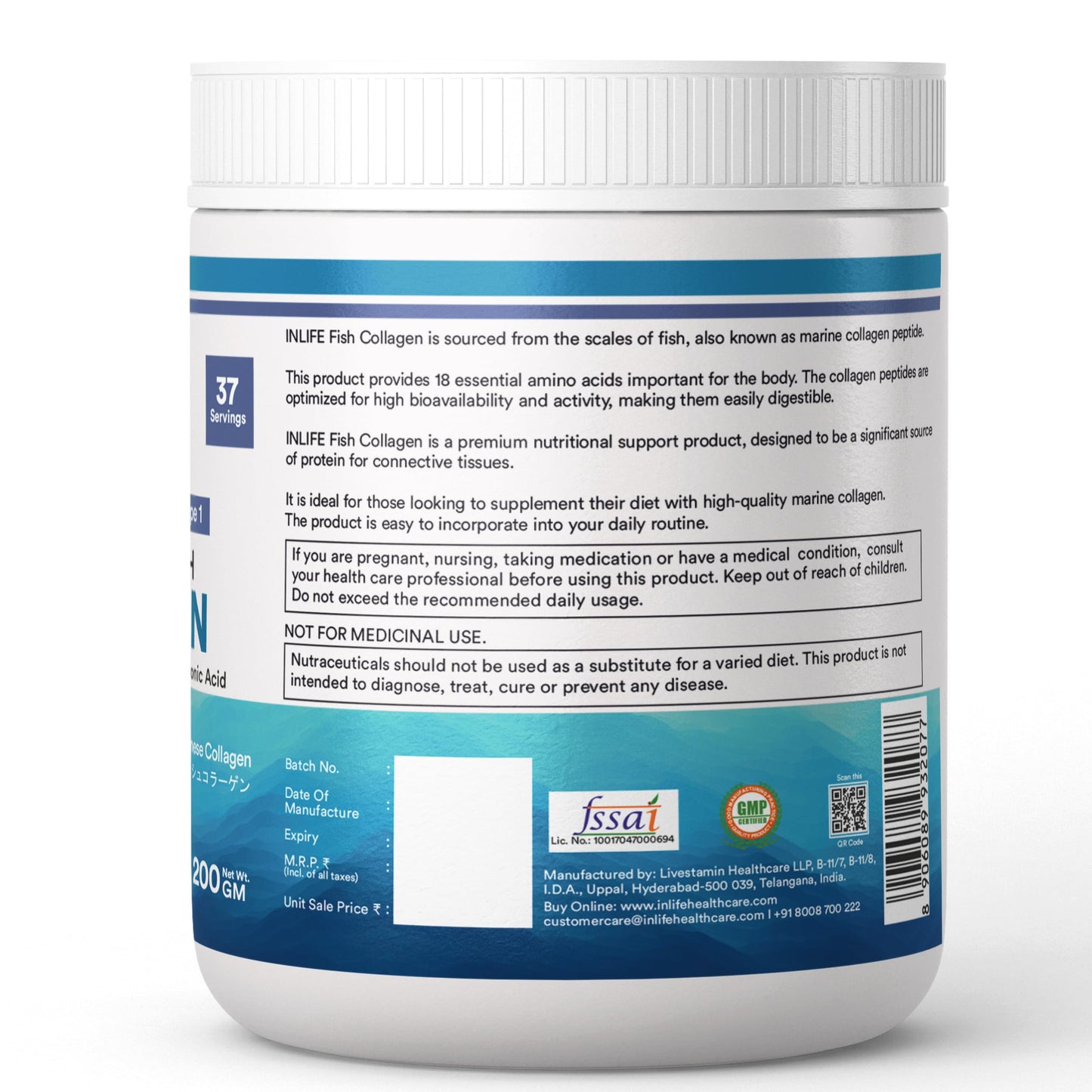 INLIFE Japanese Marine Collagen Supplements for Women & Men | Clinically Proven Ingredient with Biotin, Hyaluronic Acid, Vitamin C & Glucosamine (200g, Blueberry)