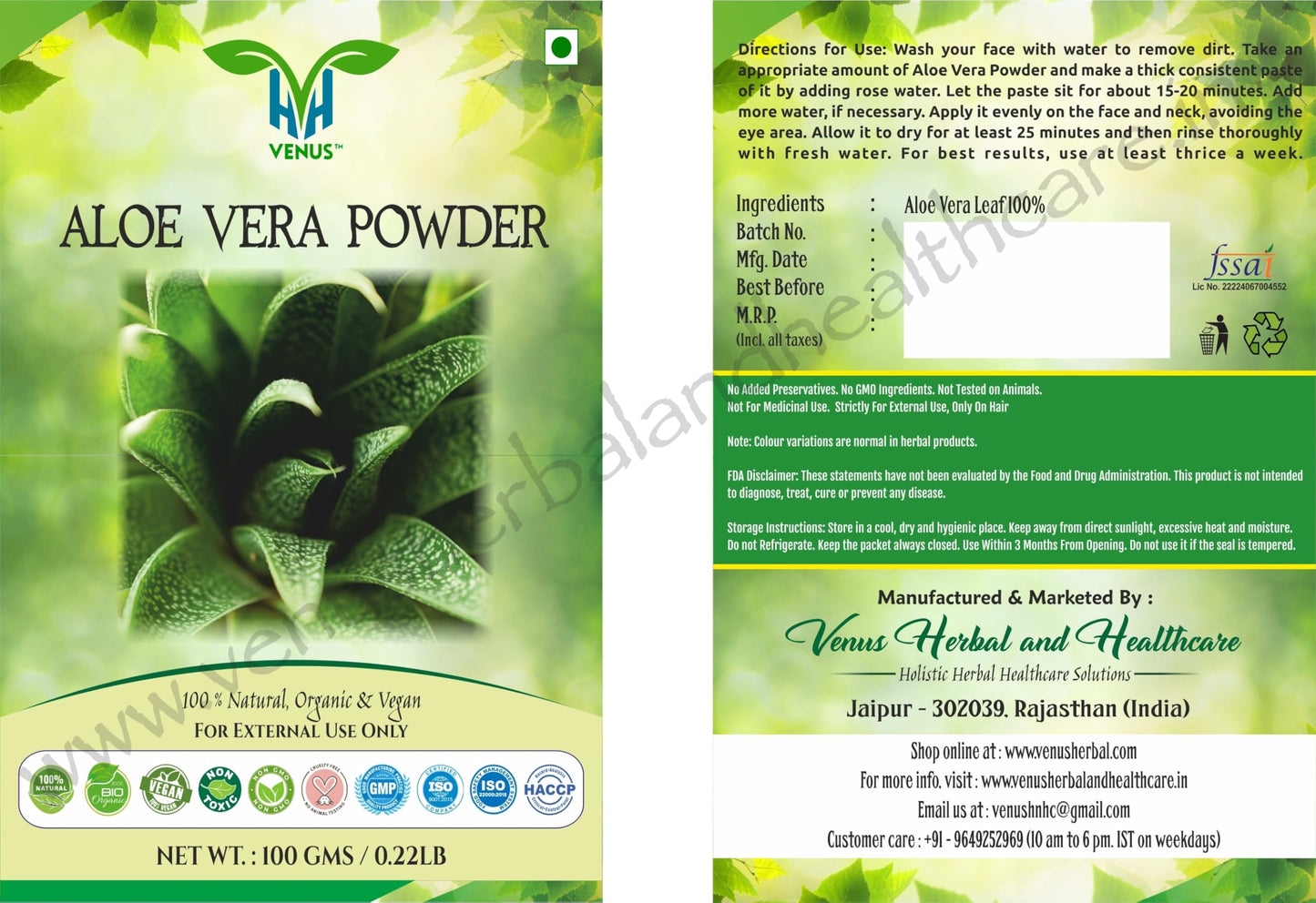 VENUS Unisex Aloe Vera Powder For Hair Care | Natural - 100% Ground Aloe Barbadensis Leaves (100 Grams)