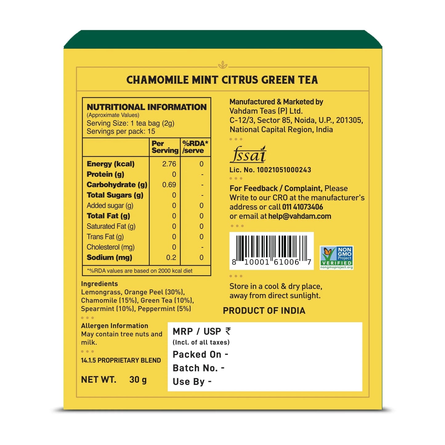 VAHDAM Chamomile Mint Citrus Green Tea | 15 Tea Bags | Refreshing Wellness Green Tea Blend with Real Chamomile, Spearmint & Lemongrass | Calming, Antioxidant Green Tea | Non-GMO, Gluten-Free