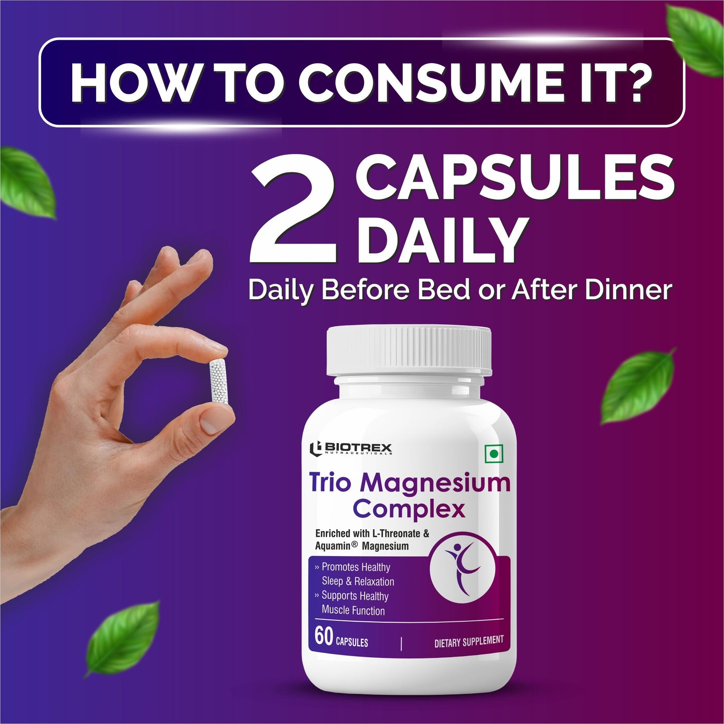 Biotrex Nutraceuticals Trio Magnesium Complex Enriched With Magnesium L- Threonate, Aquamin Citrate & Magnesium Glycinate, Highly Bioavailable Forms of Magnesium, Supports Healthy Nerve & Brain Health, Supports Healthy Sleep - 60 Veg Capsules