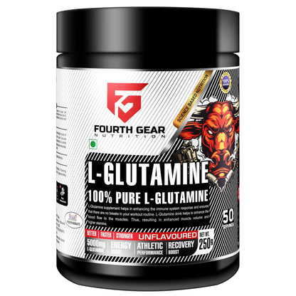 FOURTH GEAR L-Glutamine 100% Pure Micronized | 5000mg per Serving | Unflavoured Muscle Recovery, Energy & Performance Supplement | 250g (50 Servings) | Vegetarian