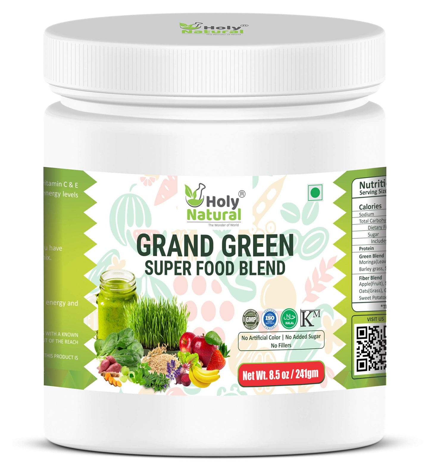 Grand Green Super Food Blend – 241 gm I 30 Serving I Rich in Vitamin C & E I Immunity & Energy Booster I Fat Burner I Supper Nutrients Blend of Herbal, Fruit & Vegetable