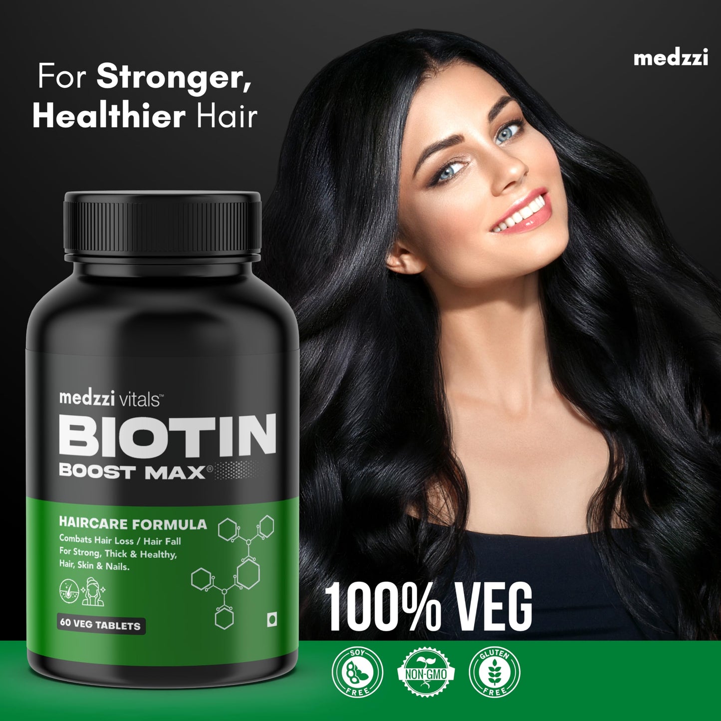 Medzzi Vitals Biotin Boost Max | Biotin for Hair Growth | Multivitamin Supplement for Strong Hair and Glowing Skin, Fights Nail Brittleness| For Both Men & Women| 60 Veg