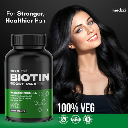 Medzzi Vitals Biotin Boost Max | Biotin for Hair Growth | Multivitamin Supplement for Strong Hair and Glowing Skin, Fights Nail Brittleness| For Both Men & Women| 60 Veg