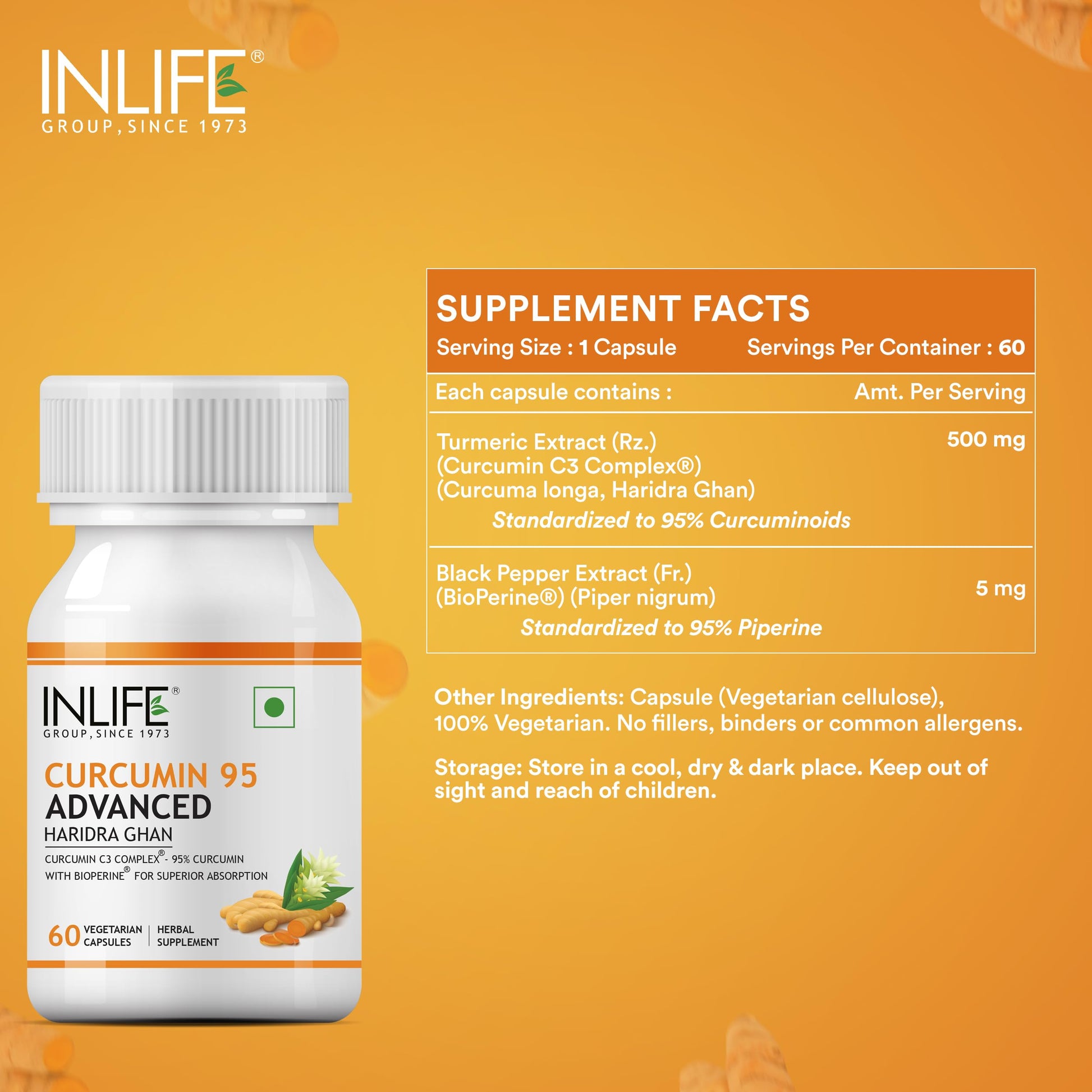 INLIFE Curcumin C3 Complex (95% Curcuminoids) 500 mg Turmeric with BioP- image 8