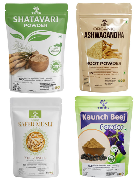 Trivang Safed Musli, Ashwagandha, Kaunch, Shatavari Powder Combo - Herbal Supplement - 4 Items (100gm(eachPack))