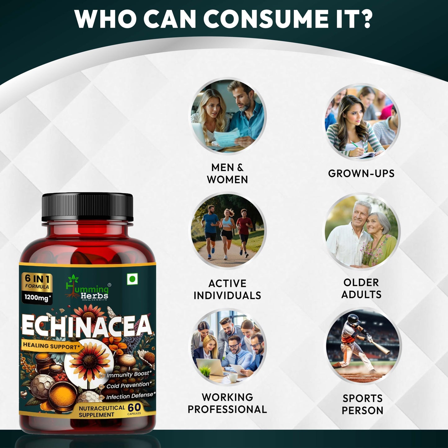Humming Herbs Echinacea 1200mg with Elderberry & Bee Propolis - Immune Support Complex for Cold Prevention & Healing - Antioxidant, Immunity Boosting & Defense From Infection