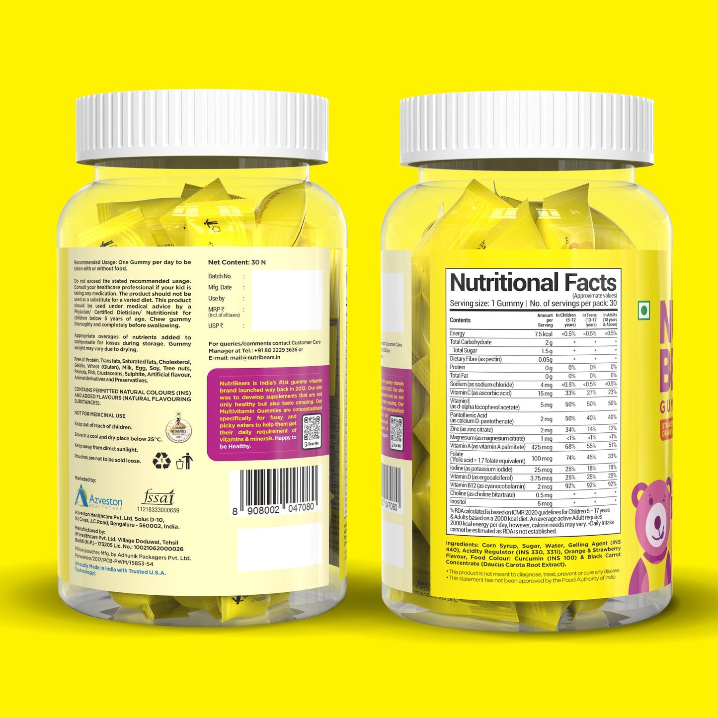 NutriBears Kids Multivitamin + Calcium Gummies Combo | 12 Nutrients + 125mg Tricalcium Phosphate + Vitamin D | Immunity, Growth & Strong Bones | No Artificial Colours | Veg | Age 2-12 | 60 Gummy Bears