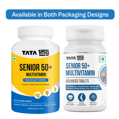 TATA 1mg Senior 50+ Multivitamin & Multimineral Veg Tablet with Calcium for Bone, Skin, Eye, Immunity, Heart & Joints, For Men & Women, Non-GMO & No Added Preservatives (Pack Of 60)
