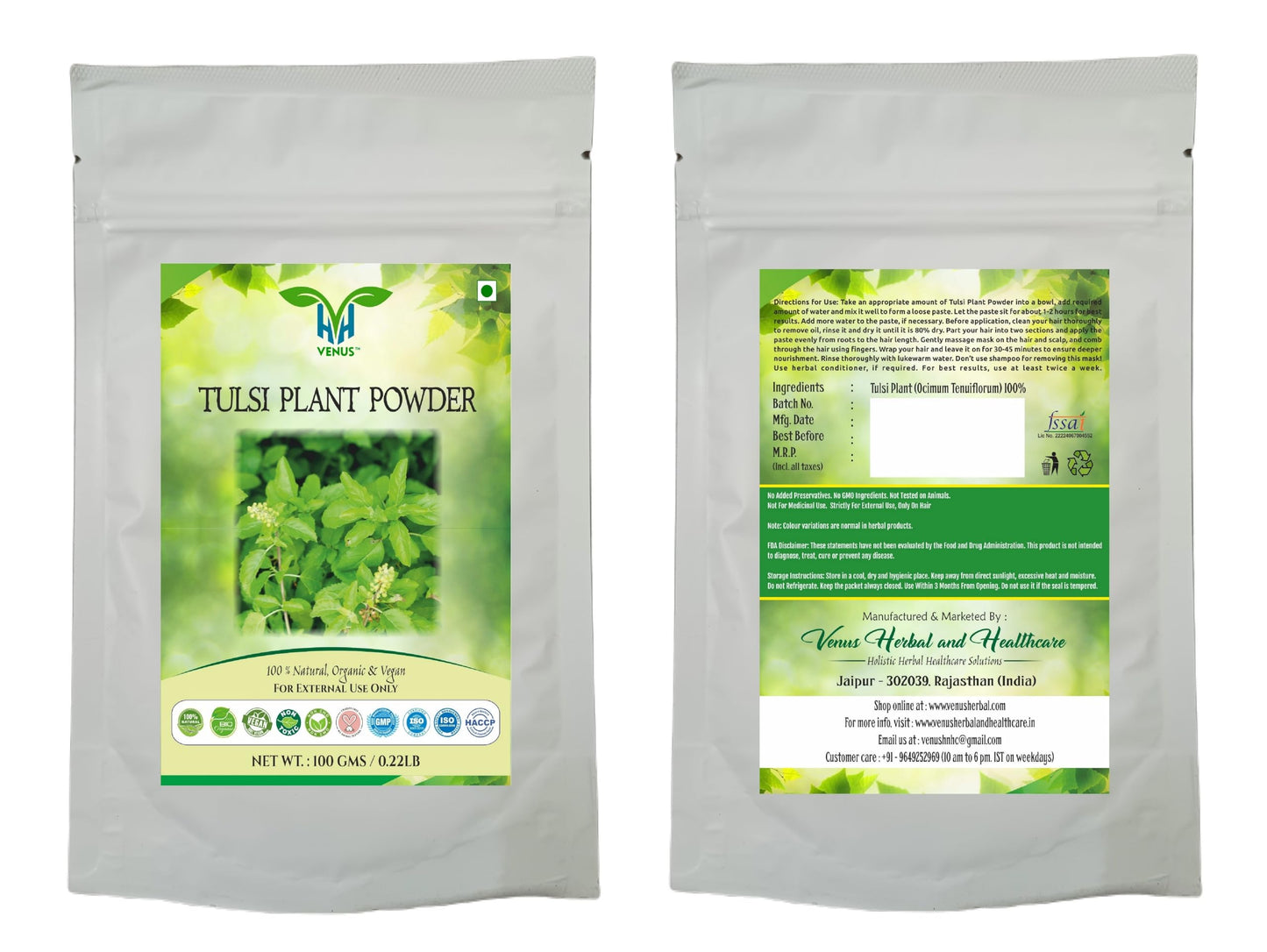 VENUS Tulsi Plant Powder – Natural - 100% Ground Ocimum Tenuiflorum Plant (100g)