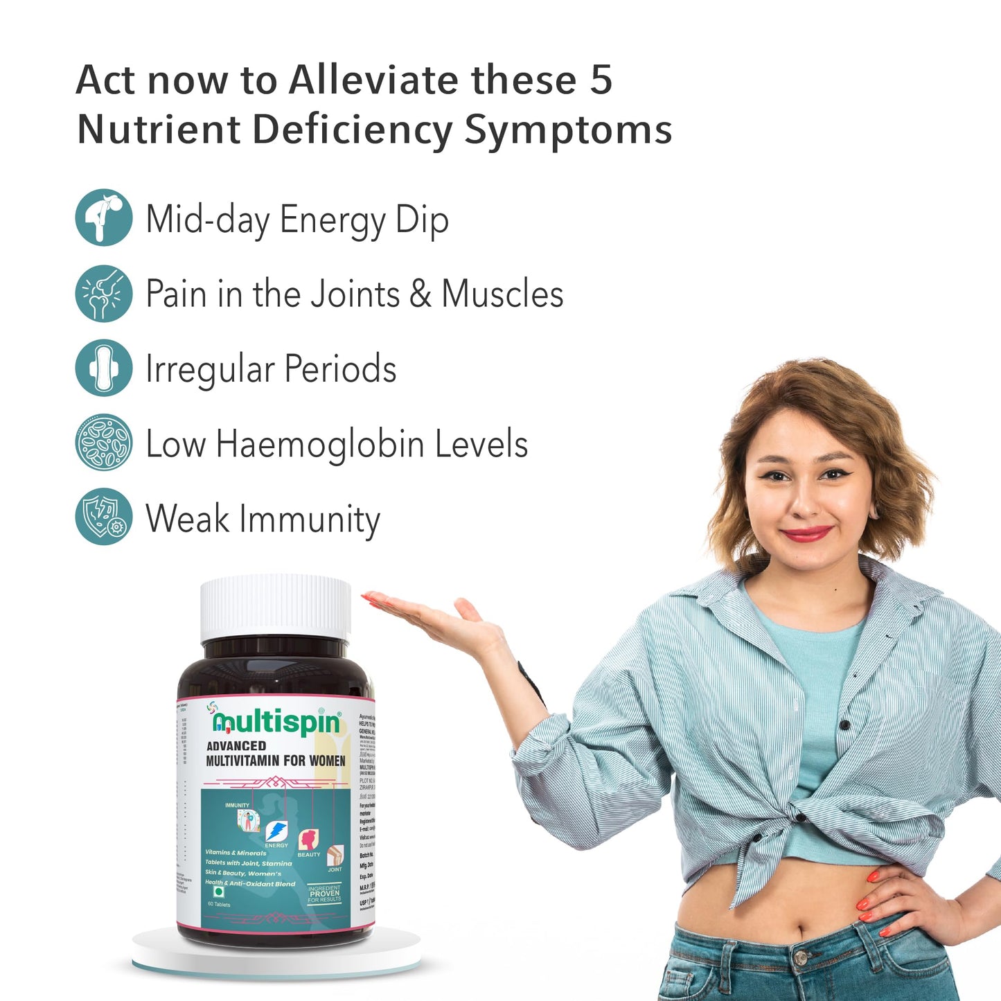 Multispin Advanced Multivitamin for Women (60 Tablets) | With 40 Clinically Researched Ingredients | For Glowing Skin, Shining Hair, Growing Nails, Energy, Immunity and Joint, PCOD, PCOS
