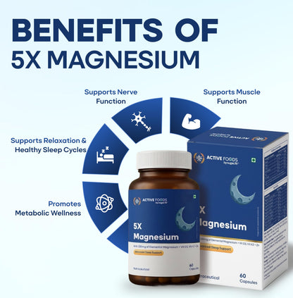Active Foods 5X Magnesium Capsules, 330mg Elemental Magnesium with Vit D3, Vit K2 + Zn, Advanced Sleep Support, Muscle & Nerve Function, Bone Health, Metabolic & Energy Support, Immunity, 60 Capsules