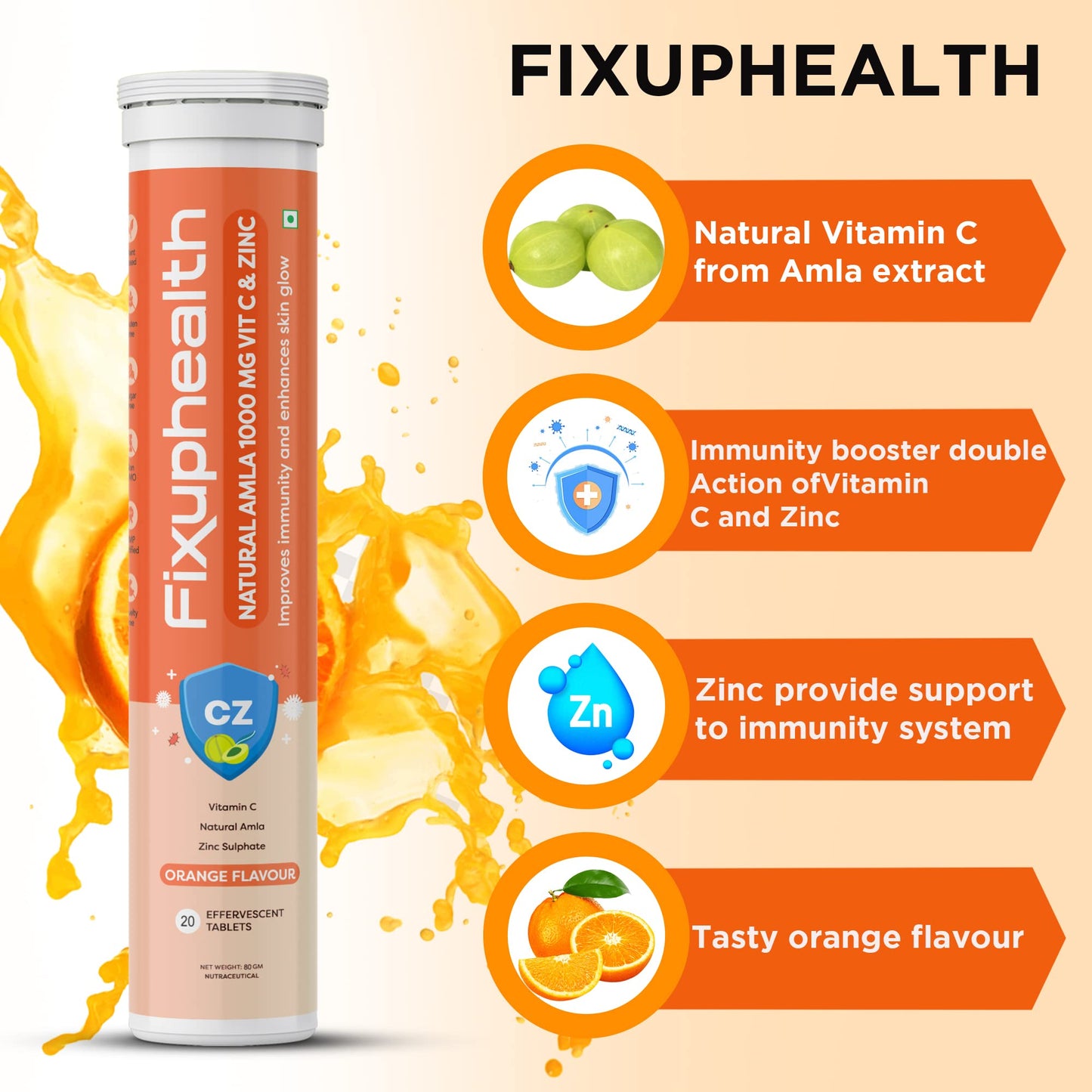 FIXUPHEALTH Amla Vitamin C and Zinc Effervescent Tablets Orange Flavor-antioxidants-immunity-skincare - (20 Tablets)