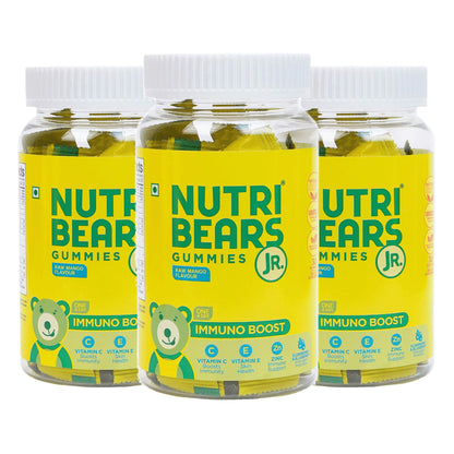NutriBears Immuno Boost with Vitamin C, E, Zinc, Natural Elderberry & Blueberry, Advanced Antioxidants, Immunity Gummies for Kids and Adults (90 Gummy, Raw Mango Flavour), 3-Pack