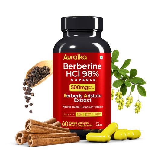 Auraika Berberine HCl 500mg Capsules | Berberine Supplement with Milk Thistle, Cinnamon & Black Pepper Extract | Supports Healthy Blood Sugar Levels, Liver Function & Weight Management | 60 Vegan Capsules