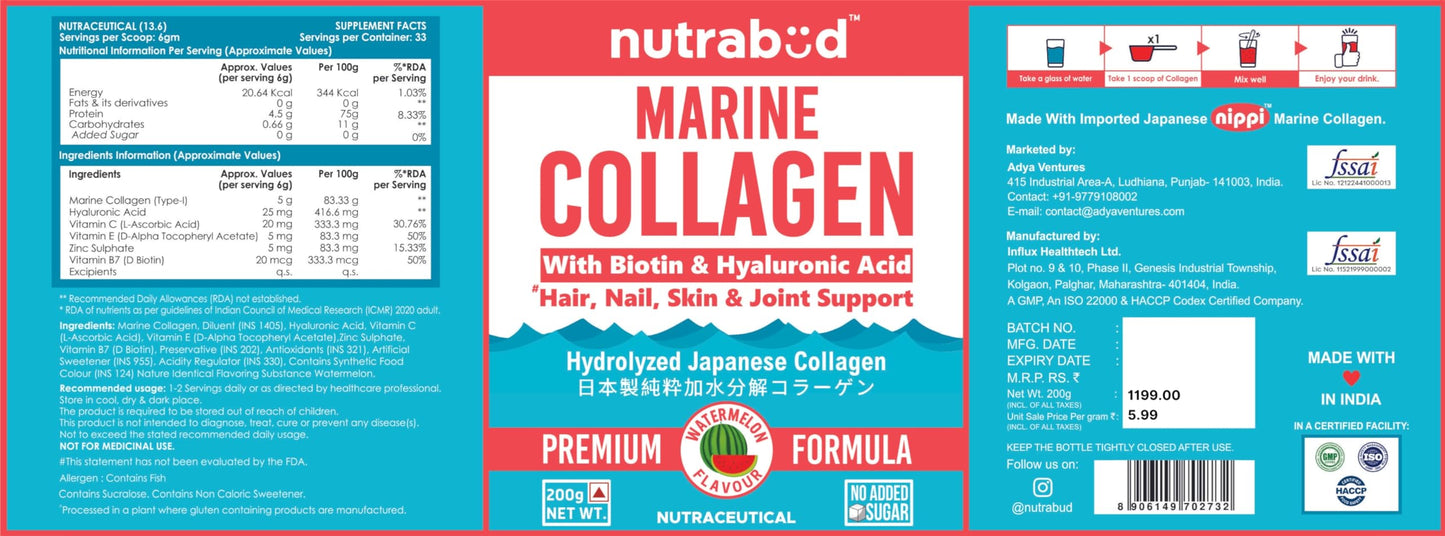 Nutrabud Japanese Marine Collagen Powder Supplement for Women, Men | No Added Sugar | Supports Skin Radiance, Healthy Hair, Nails & Joints | Hydrolyzed Collagen Peptides (Watermelon, 200g)