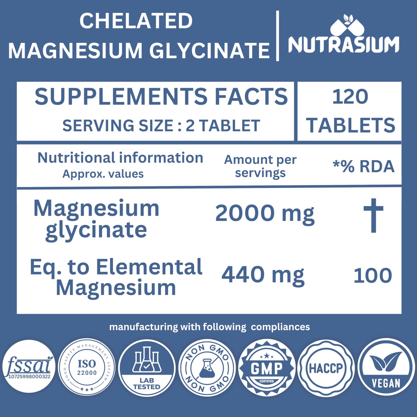 Nutrasium | Magnesium Glycinate 2000 mg | Chealated Magnesium Supplement For Natural Sleep, Muscle Relaxation, Nerve Function, Heart & Bone Health, Stress & Calmness | 120 Tablets