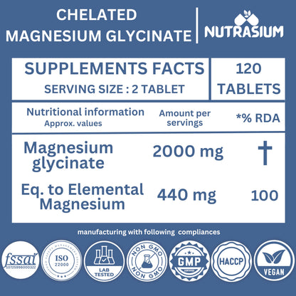 Nutrasium | Magnesium Glycinate 2000 mg | Chealated Magnesium Supplement For Natural Sleep, Muscle Relaxation, Nerve Function, Heart & Bone Health, Stress & Calmness | 120 Tablets