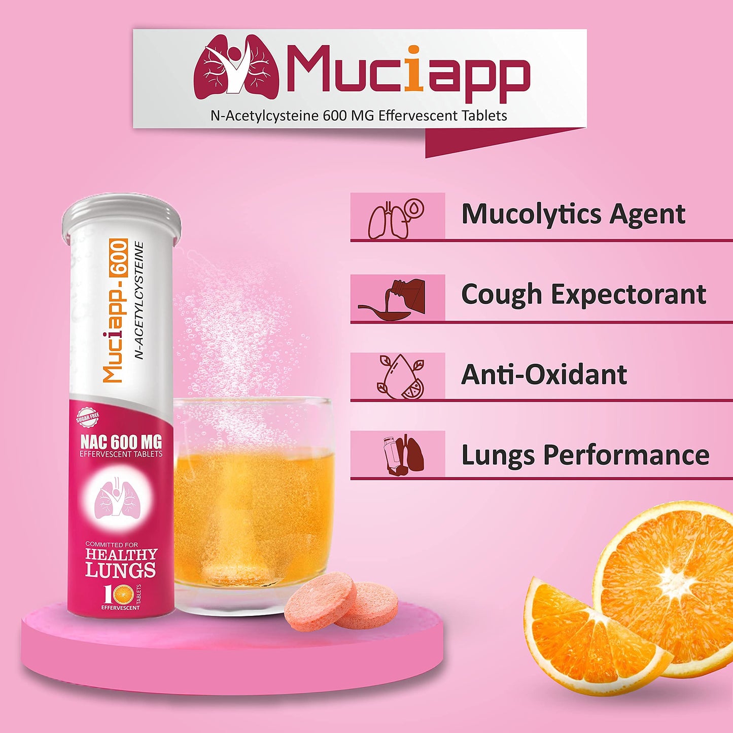 Muciapp-600 NAC & Vitamin C - 10 Tablets (Pack Of 1) |N-Acetylcysteine - 600mg | Men & Women | Powerful Antioxidant & Lung Detox Support | Immune Booster for Respiratory Health, Liver Cleanse
