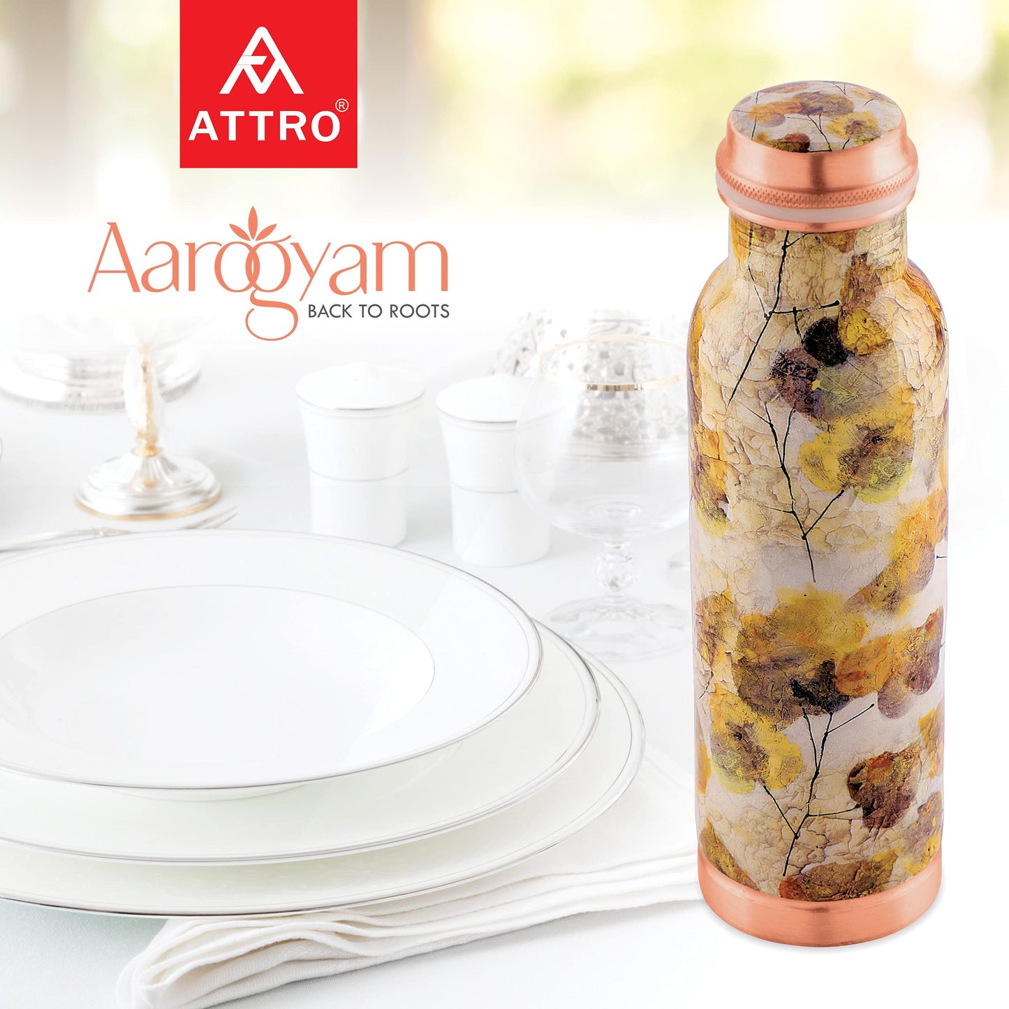 ATTRO Aarogyam 650ml Tatva Spring Summer Designer Joint-less Copper Water Bottle