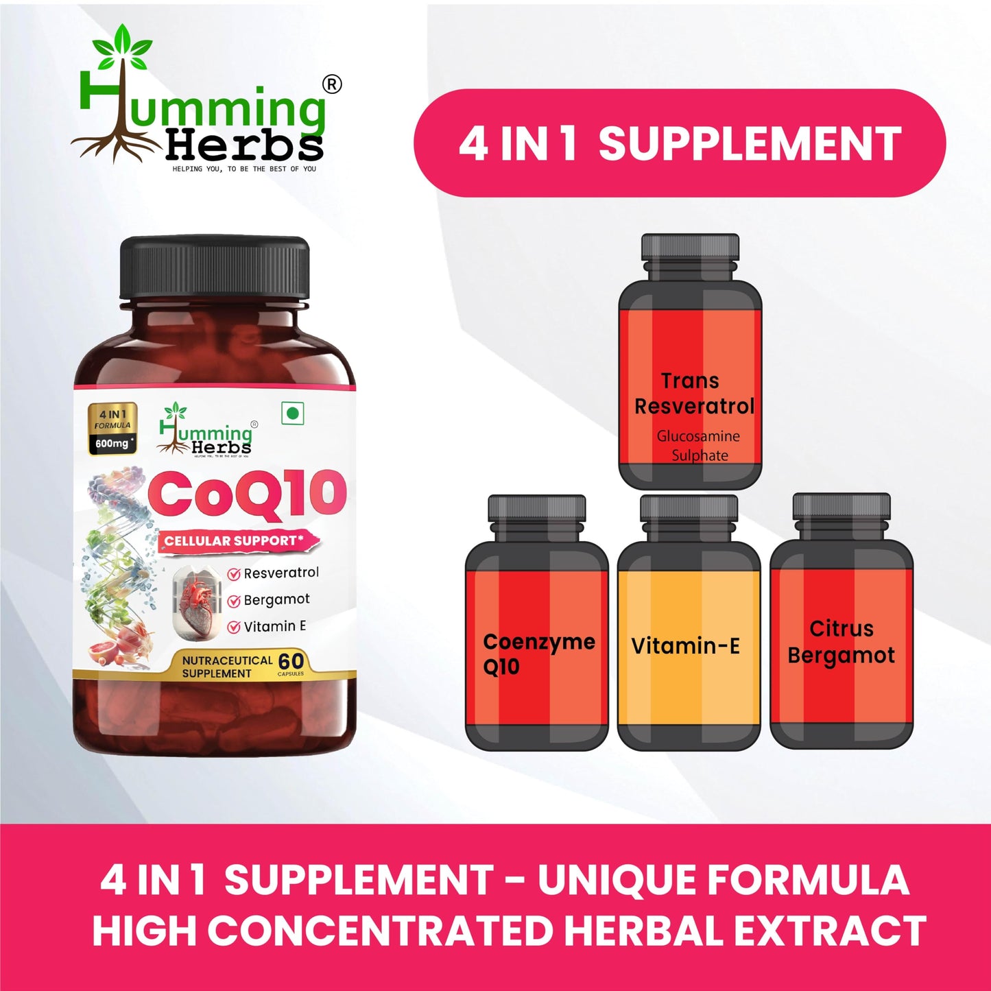 Humming Herbs CoQ10 600mg Cellular Support Supplement with Resveratrol, Bergamot & Vitamin E - Heart Health & Energy Booster - Antioxidan 60 Caps