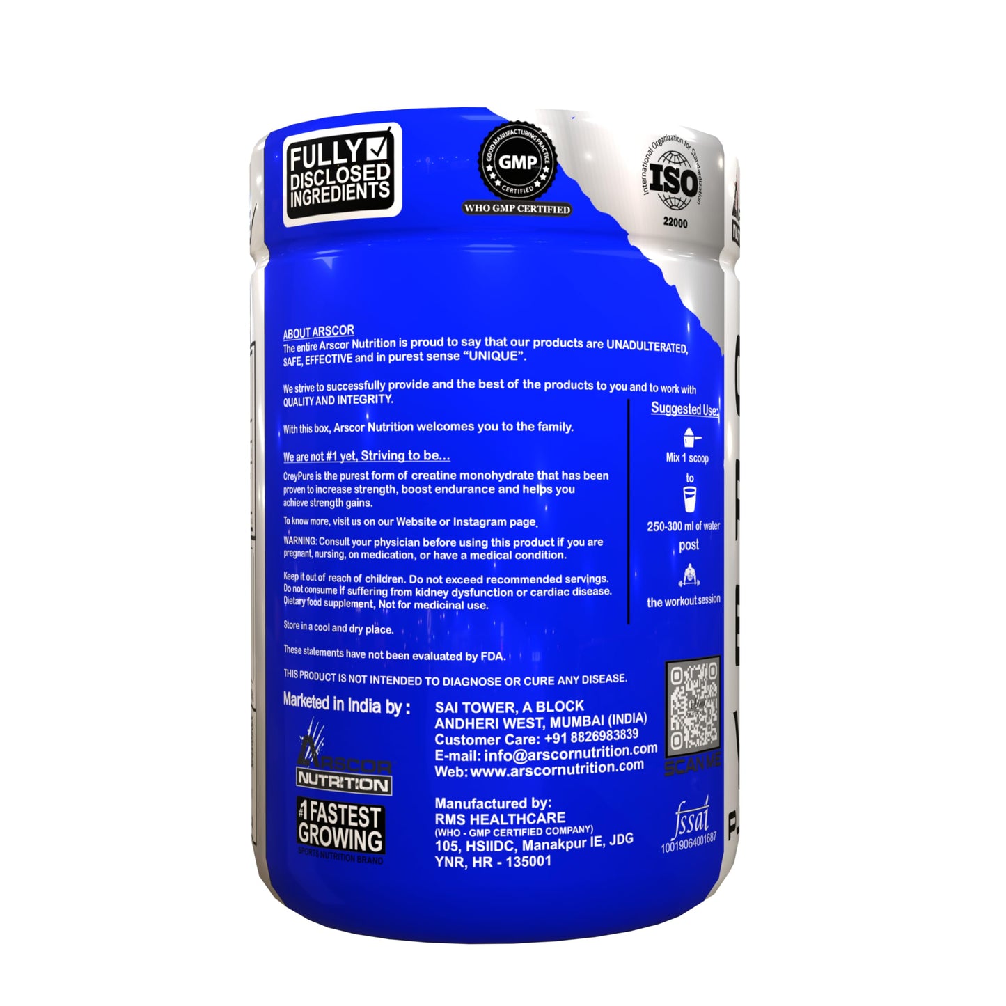 Arscor's Creypure Pure Creatine Monohydrate Powder – Creatine Powder, Pre Workout & Gym Supplement, Non-GMO & Gluten-Free (300g, Mango)