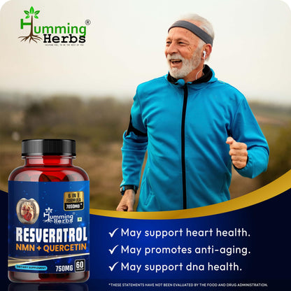 Humming Herbs Trans-Resveratrol 98% (High Purity & Bioavailable) with NMN, Quercetin, Fisetin & Spermidine – Antioxidant Support for Heart & Circulatory Wellness, Cellular Energy & Healthy Aging – 90 Vegetarian Caps