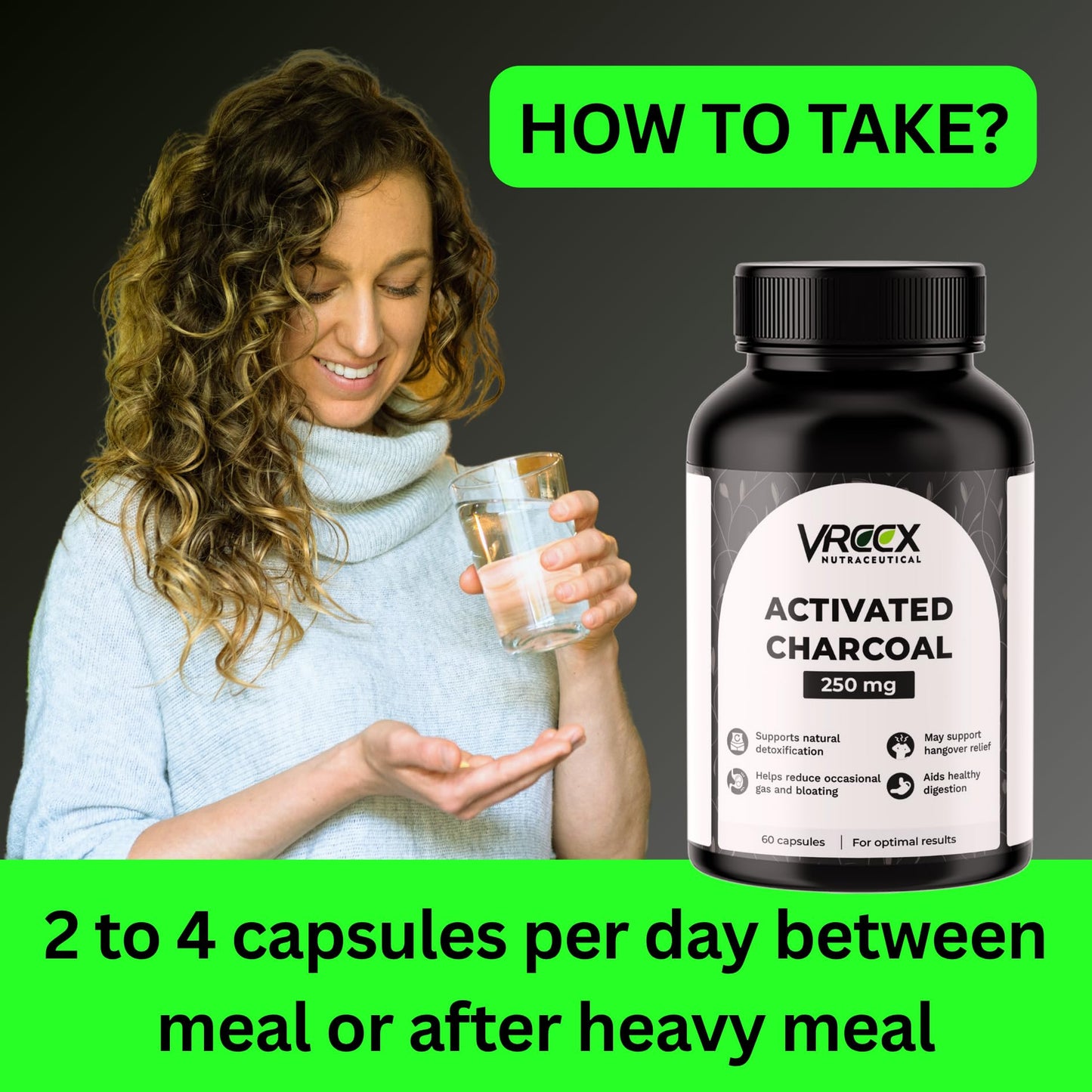 VREEX Activated Charcoal 250 mg – Supports Natural Detox, Helps Reduce Gas & Bloating and Digestive Cleanse (60 Veg Capsules)
