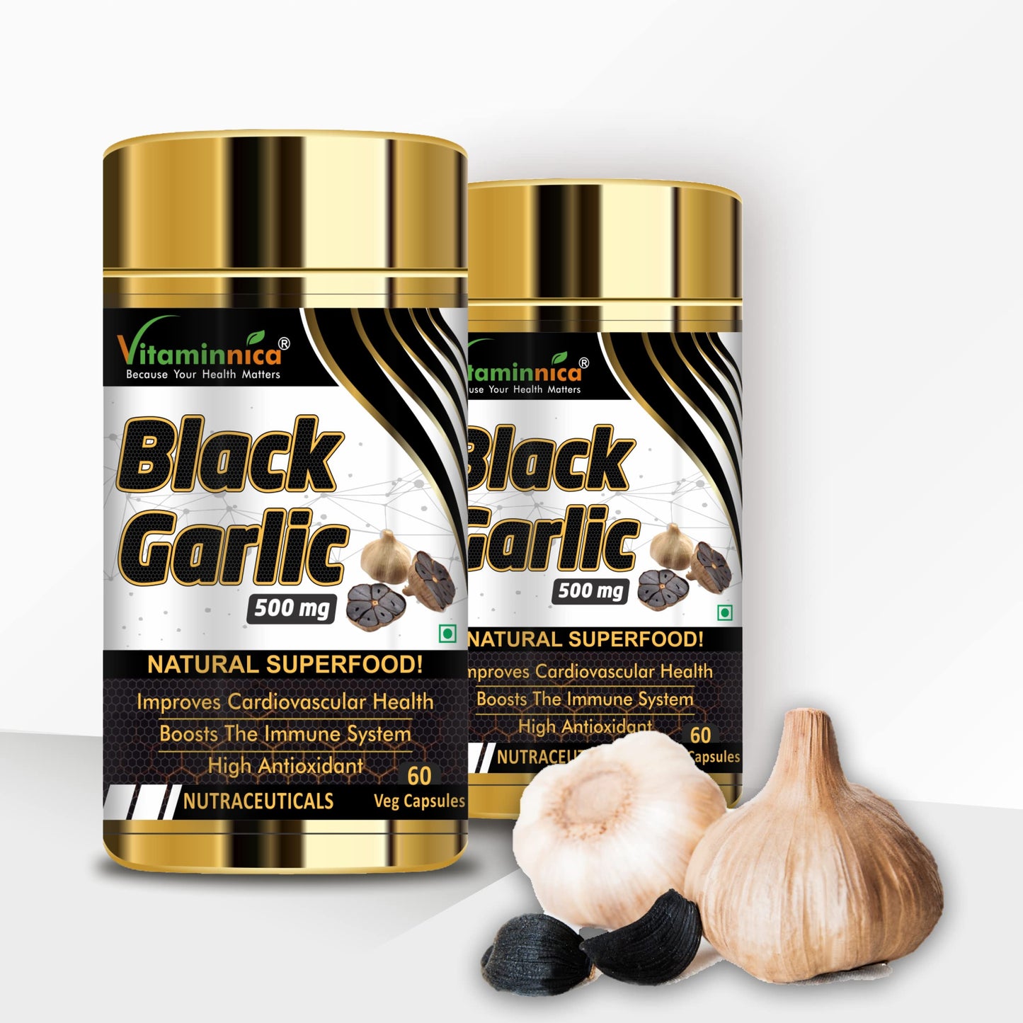 Vitaminnica 100% Natural Black Garlic Capsules Superfood Immunity Booster - Heart & Weight Management - Detox Antioxidant Supplement - 120 Veg Capsules (Pack of 2)