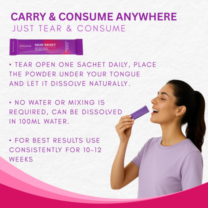Revaya Skin Reset Plant Based L-Glutathione for Skin Glow, Pigmentation & Dark Spots | Sugar Free, With L-Glutathione Supplement, Vitamin C, Grape Seed Extract | Helps in Skin Brightening, Detox & Collagen Booster | 15 Sachets Strawberry Flavour