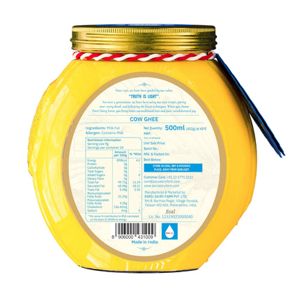 Parsi Dairy Farm's 100% Cow Ghee: Pure and Traditional Desi Ghee With No Preservatives & Vegetarian | 500 ML