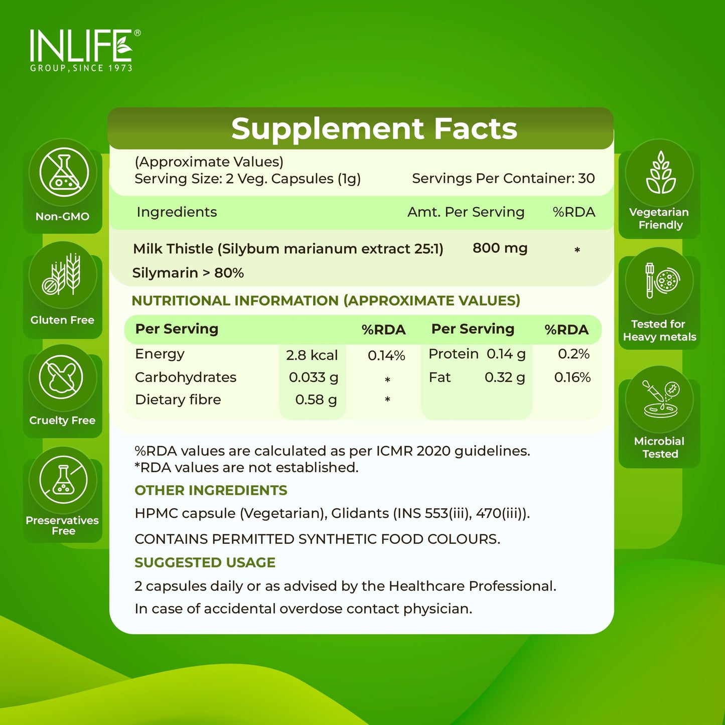 INLIFE Milk Thistle 800mg Silymarin, Silybum Marianum Extract 25:1, Liver Health & Detox Function, Men Women, 60 Veg Capsules (Pack of 1, 60)