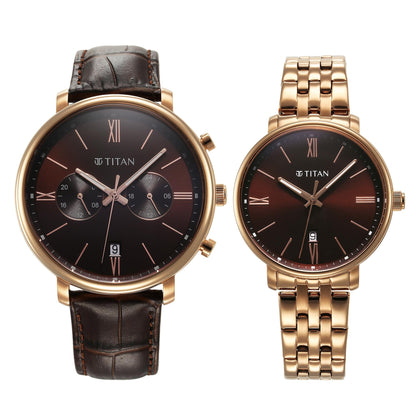 Titan Bandhan Quartz Analog with Date Brown Leather and Stainless Steel Strap fo
