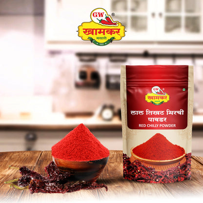 G W Khamkar Special Lal Tikhat Mirchi Powder,lal Tikha Mirch Powder, Red Chilli Powder, Guntur Chillies Sourced From, Andhra Pradesh, and Byadgi Chillies Sourced From Karnataka, Indian Spices, Maharashtrian Masale, Traditionally Pounded, 185 Gm (Pack of 1