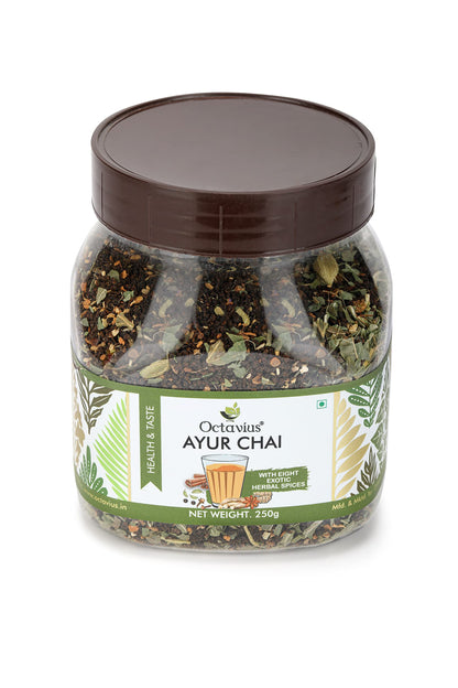 Octavius Ayur Chai - 250 Gms Jar | 8 Ayurvedic Herbs And Spices | Herbal Tea | 100% Natural | Made With Exotic Indian Ayurvedic Herbs | Immunity Booster | Nature Care Tea