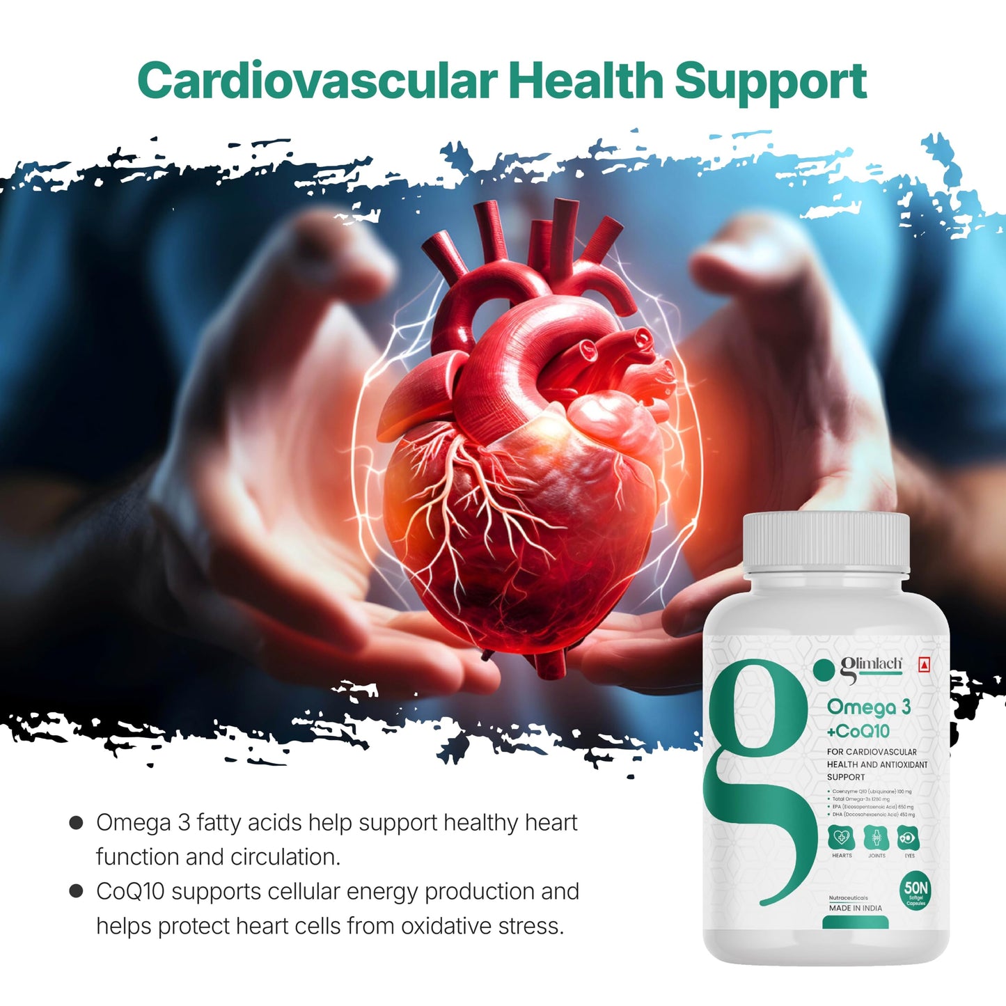 GLIMLACH Omega + CoQ10, 50 Soft Gels, 1280 mg Omega-3 + 100 mg CoQ10, Heart Health, Cellular Energy, Antioxidant Support | Fish Oil Omega-3 and CoQ10 Capsule Blend - 25 Servings