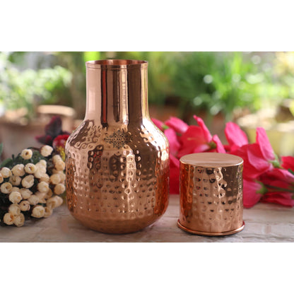 INDIAN ART VILLA Copper Bedroom Water Bottle with Inbuilt Glass, Ghada Design, Hammered Shine Finish - Drinkware & Storage Purpose, Volume 1530 ml (Pack of 2)