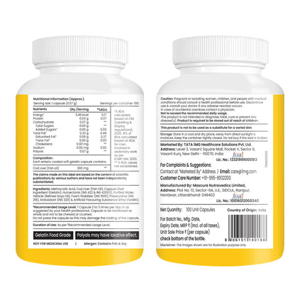 1MG Tata Cod Liver Oil Supplement with Omega 3,Vitamin A and D - 100 Capsules | Supports Heart, Brain, Joint and Vision Health | Fish Oil for Women & Men | No Fish Odour & Non-GMO