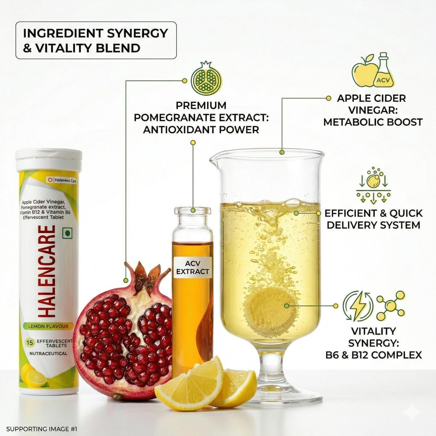 Haleness Care Apple Cider Vinegar Effervescent Tablets with Pomegranate Extract, Vitamin B12 & Vitamin B6, Lemon Flavour, 15 Tablets per Tube, Nutraceutical (Pack of 8 (2 Months), Lemon)