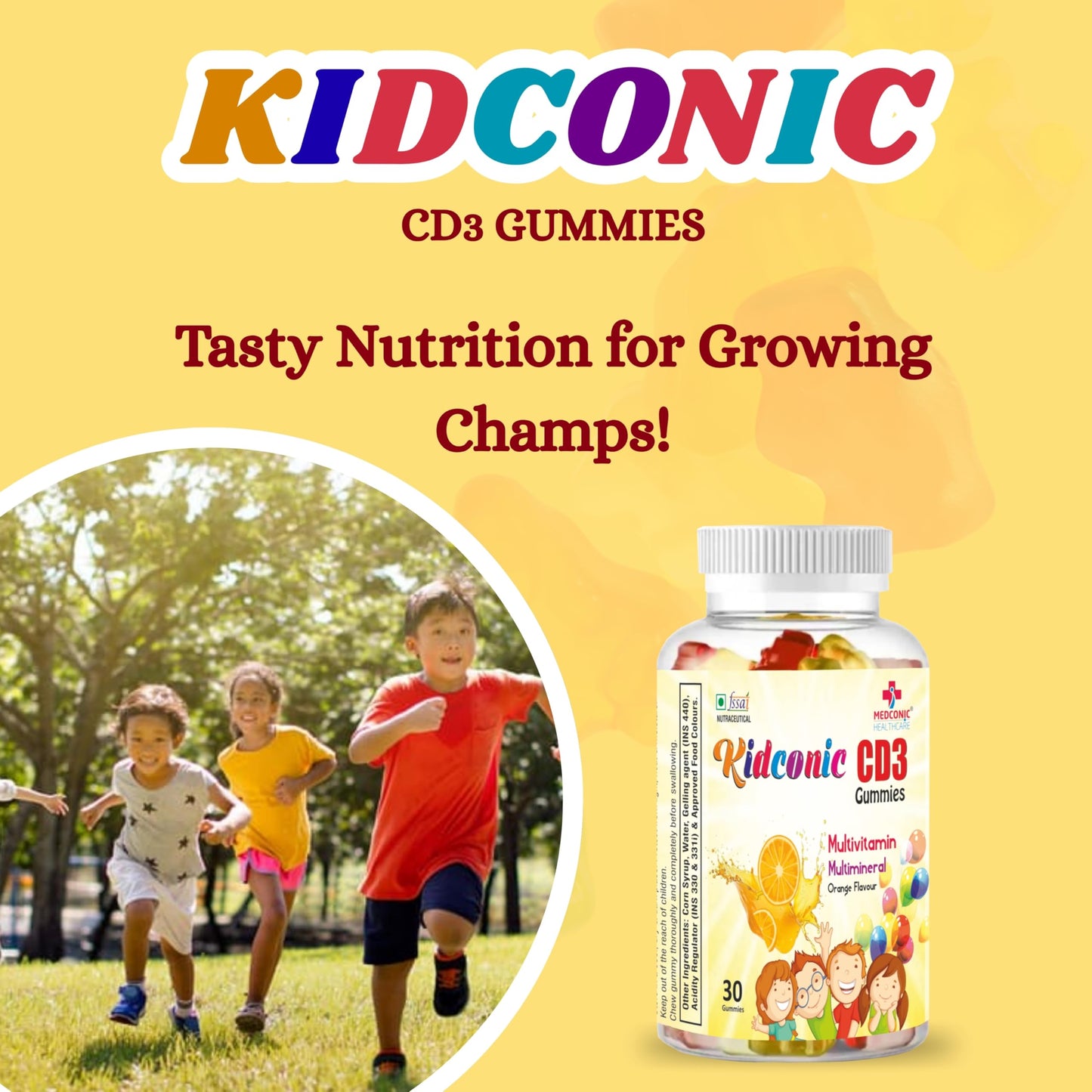 Medconic Healthcare Kidconic CD3 Gummies – 30 Gummies | Multivitamin Supplement for Kids with Vitamins C, D3, A, E, Zinc & Folic Acid | Immunity & Growth Support