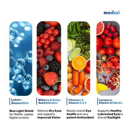 Medzzi Clear Vision Eye Health+ Gummies | Lutein & Zeaxanthin Gummies for Eyes | With Bilberry, Lycopene & Vitamins A, C, E | Reduces Digital Strain and Fatigue from High Screen Time | Orange Flavour | 30 Veg Gummies
