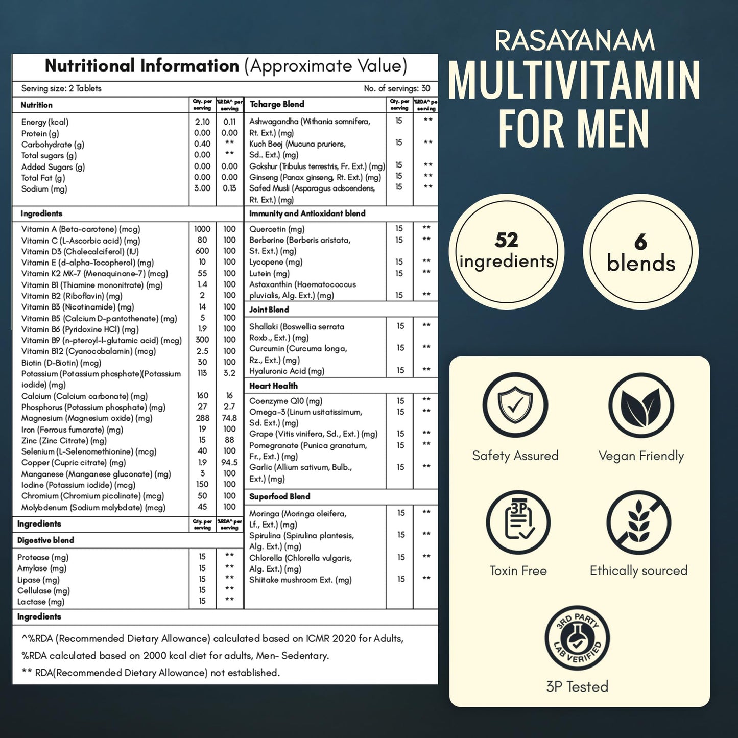 Rasayanam Multivitamin for Men | 52 Ingredients with 100% RDA of Vitamins & Minerals | Energy, Immunity, Performance, Bone, Joint & Heart Health | Daily Multivitamin Tablet for Men - 60 Tablets